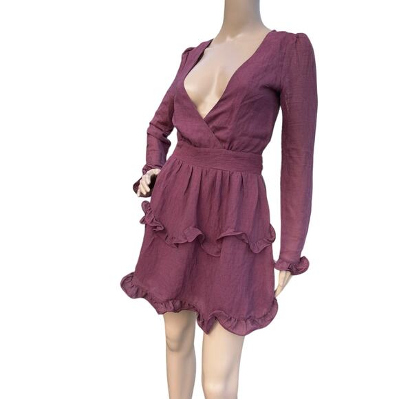 Saints+Secrets Women's Wine Ruffle V-Neck Long Sleeves Belted Mini Dress Size S - Picture 5 of 7